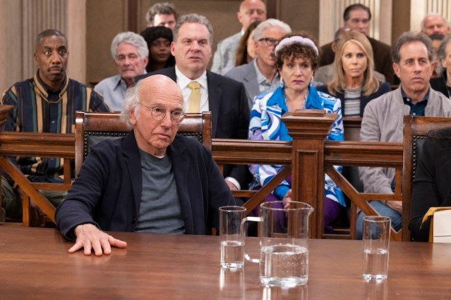 Larry David sits in court, with Leon, Jeff, Susie, and Jerry Seinfeld behind him, during the 'Curb Your Enthusiasm' finale