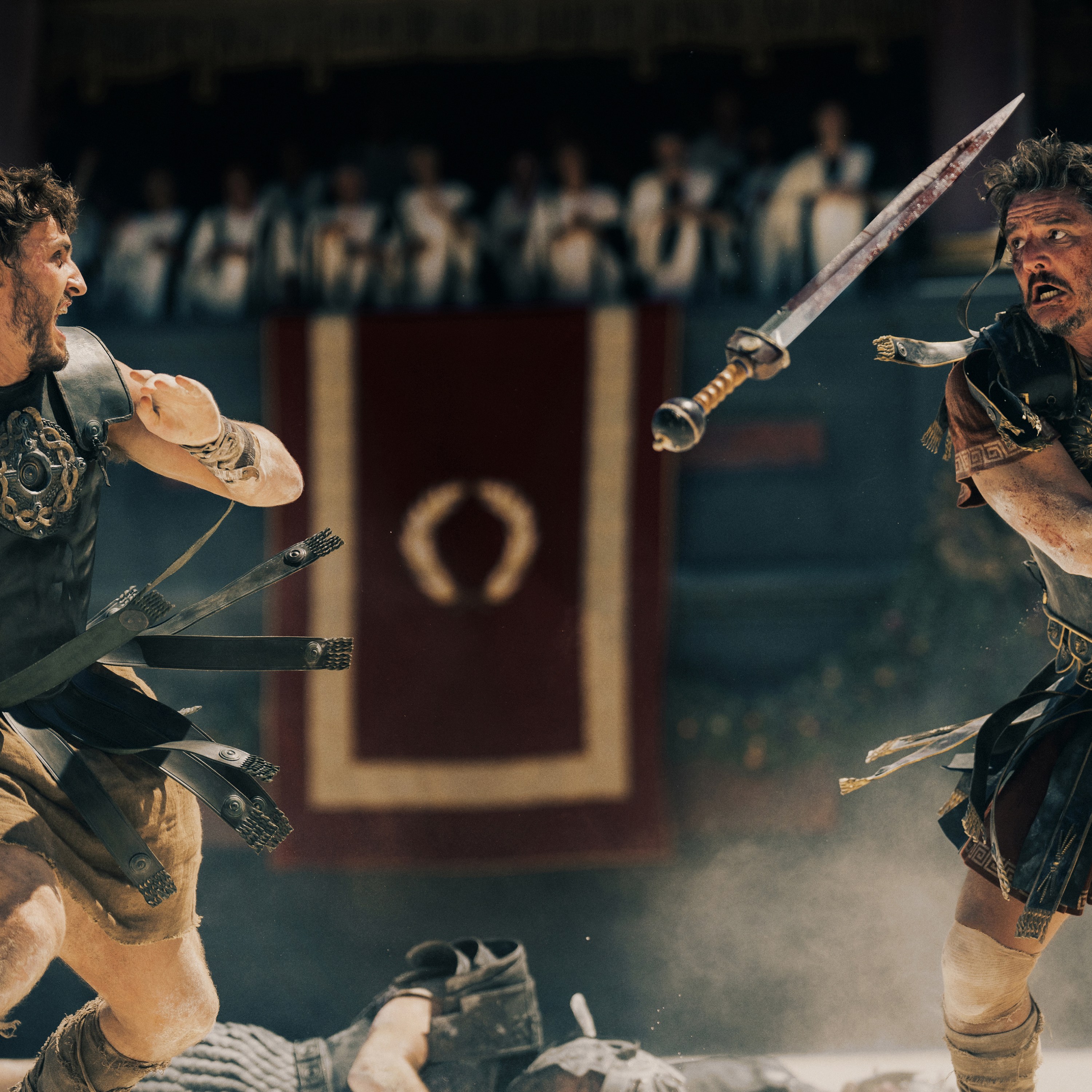 Paul Mescal plays Lucius and Pedro Pascal plays Marcus Acacius in Gladiator II from Paramount Pictures.