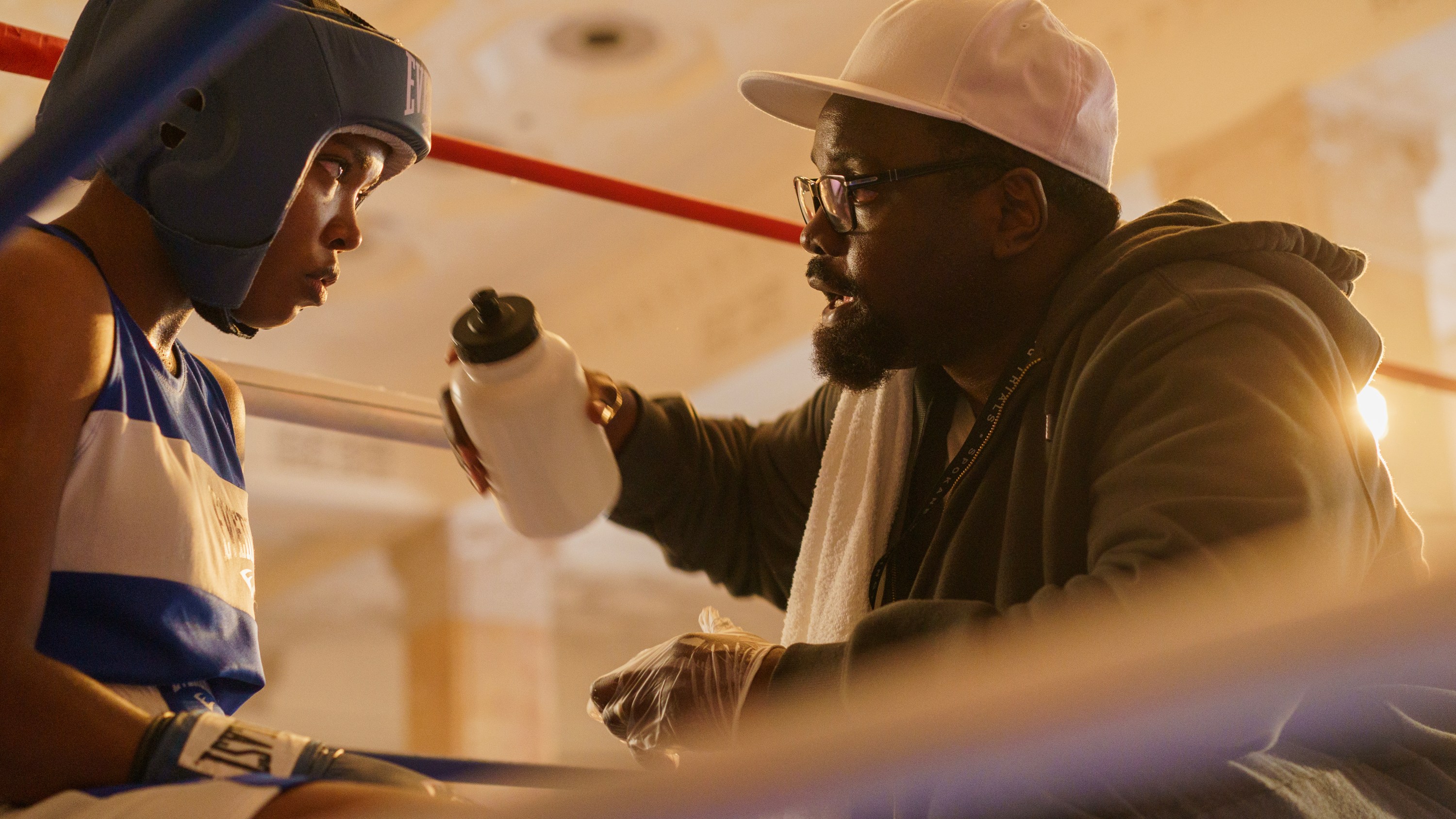 (L to R) Ryan Destiny as Claressa Shields and Brian Tyree Henry as Jason Crutchfield in director Rachel Morrison's THE FIRE INSIDE. 

An Amazon MGM Studios film.

Photo Credit: Sabrina Lantos

© 2024 Amazon Content Services LLC. All Rights Reserved.