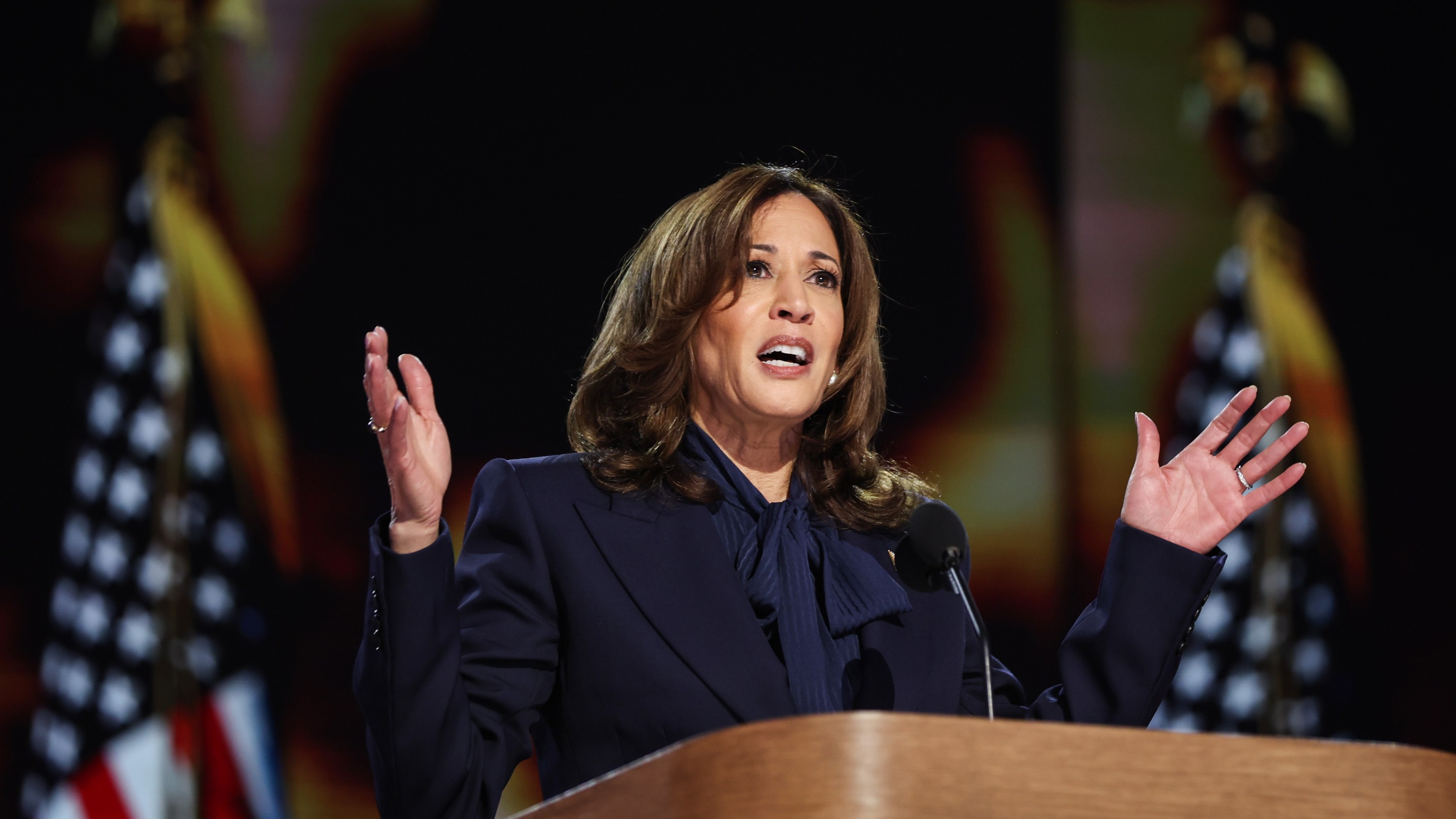 CHICAGO, ILLINOIS - AUGUST 22: Democratic presidential candidate U.S. Vice President Kamala Harris speaks on stage during the final day of the Democratic National Convention at the United Center on August 22, 2024 in Chicago, Illinois. Delegates, politicians, and Democratic Party supporters are gathering in Chicago, as current Vice President Kamala Harris is named her party's presidential nominee. The DNC takes place from August 19-22. (Photo by Justin Sullivan/Getty Images)