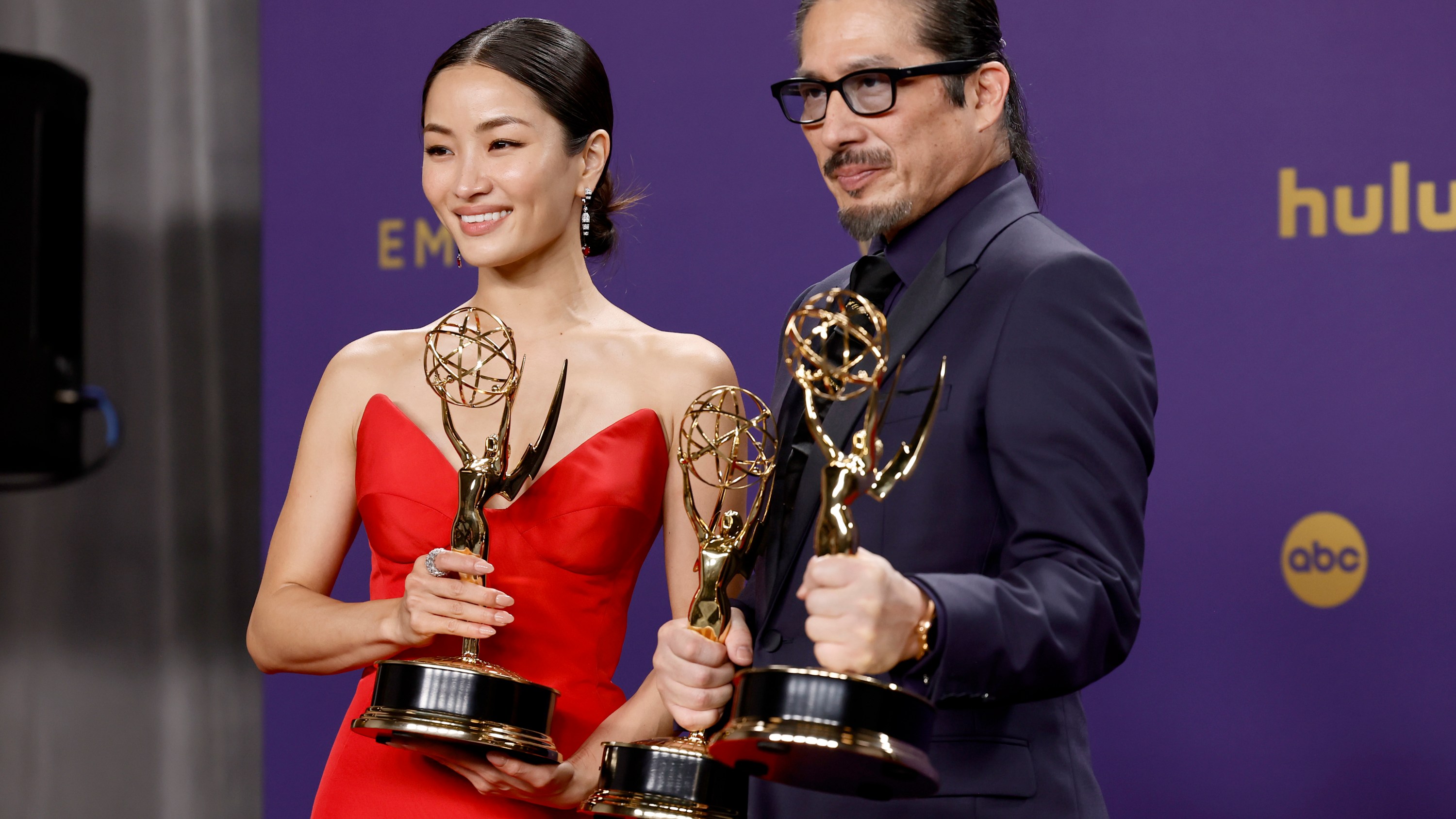 Anna Sawai, winner of the Outstanding Lead Actress in a Drama Series award and Hiroyuki Sanada, winner of the Outstanding Lead Actor in a Drama Series award for 'Shōgun', pose in the press room during the 76th Primetime Emmy Awards.