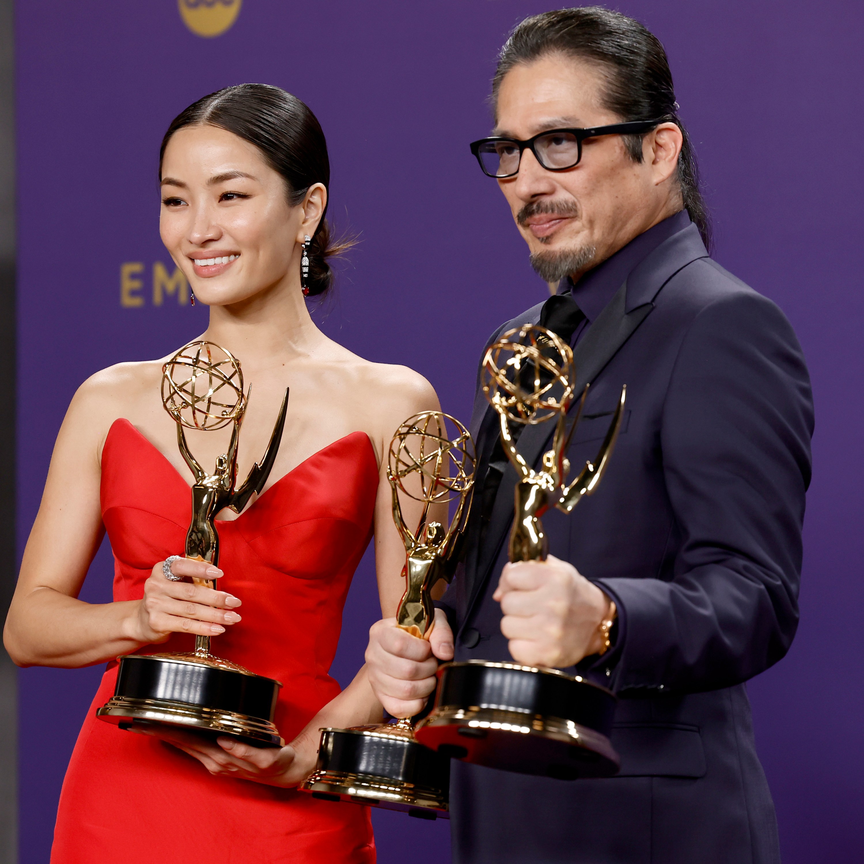 Anna Sawai, winner of the Outstanding Lead Actress in a Drama Series award and Hiroyuki Sanada, winner of the Outstanding Lead Actor in a Drama Series award for 'Shōgun', pose in the press room during the 76th Primetime Emmy Awards.