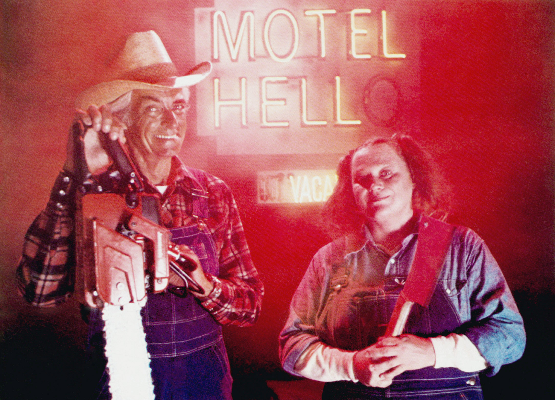 (Left to right): Rory Calhoun and Nancy Parsons in 'Motel Hell'