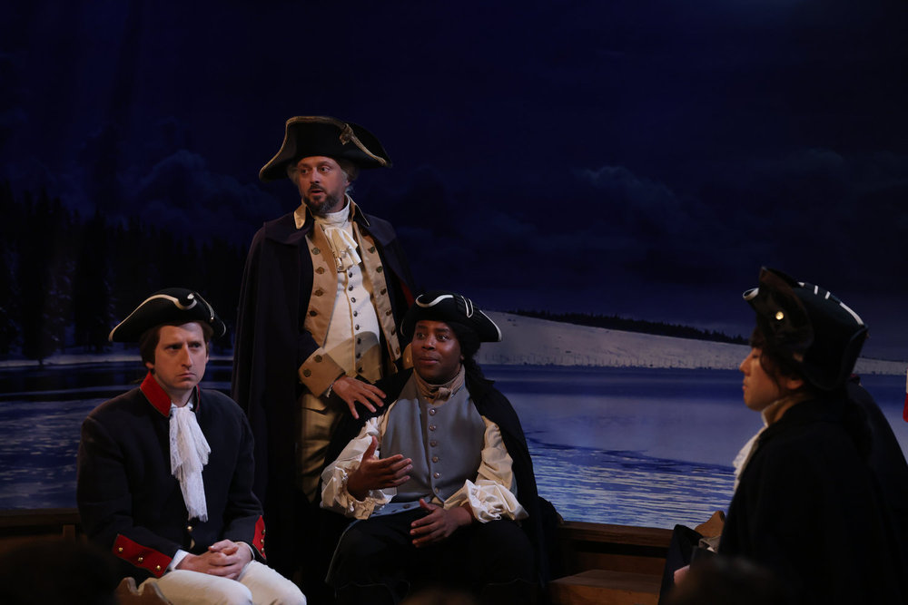 SATURDAY NIGHT LIVE -- Episode 1866 -- Pictured: (l-r) James Austin Johnson, host Nate Bargatze, and Kenan Thompson during the Washingtons Dream 2 sketch on Saturday, October 5, 2024 -- (Photo by: Will Heath/NBC)