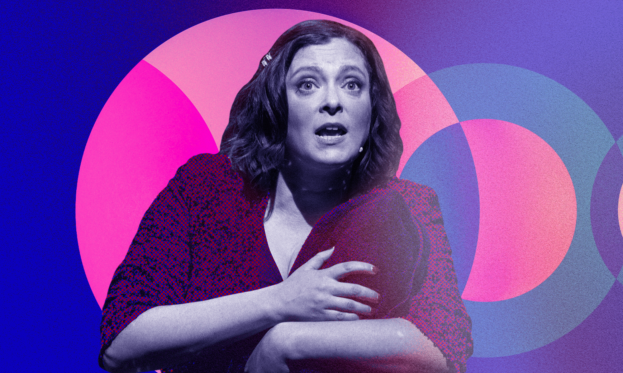 Image of Rachel Bloom in front of pink and purple circles