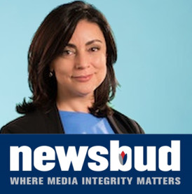 Sibel Edmonds over the NewsBud logo on blue