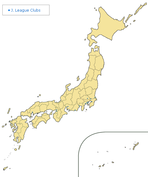 Geographic location of fourteen J. League clubs in 1995.