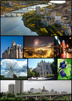 From Left to Right-Downtown Saskatoon featuring the South Saskatchewan River, The Delta Bessborough, Saskatoon Fireworks Festival, Broadway Avenue, Wanuskewin Heritage Park, The University of Saskatchewan, The Saskatoon Berry, The Saskatoon skyline featuring the Broadway Bridge