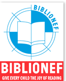 A blue book in a blue-and-white circle, with the caption "Biblionef: give every child the joy of reading".