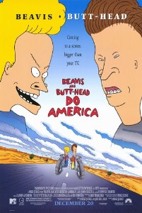 At the forefront of the poster are the two title characters - Beavis on the left, Butt-Head on the right - who are also shown riding motorcycles at the lower area.