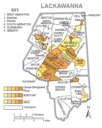 Political map of Lackawanna County, Pennsylvania, with townships, boroughs, cities and census-designated places labeled. Townships are colored white and boroughs, cities, and CDPs are colored various shades of orange.