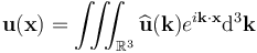 \mathbf{u}(\mathbf{x}) = \iiint_{\mathbb{R}^3} \widehat{\mathbf{u}}(\mathbf{k})e^{i \mathbf{k \cdot x}} \mathrm{d}^3\mathbf{k}