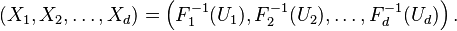 (X_1,X_2,\dots,X_d) = \left(F_1^{-1}(U_1),F_2^{-1}(U_2),\dots,F_d^{-1}(U_d)\right).