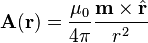 \mathbf{A}(\mathbf{r}) = \frac {\mu_0} {4\pi} \frac{\mathbf{m}\times\hat{\mathbf{r}}}{r^2}