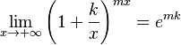 \lim_{x\to+\infty} \left(1+\frac{k}{x}\right)^{mx}=e^{mk}