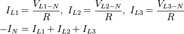 \begin{align}
I_{L1} &= \frac{V_{L1-N}}{R},\; I_{L2}=\frac{V_{L2-N}}{R},\; I_{L3}=\frac{V_{L3-N}}{R}\\
-I_{N} &= I_{L1} + I_{L2} + I_{L3}
\end{align}