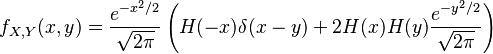 f_{X,Y}(x,y) = \frac{e^{-x^2/2}}{\sqrt{2\pi}} \left(H(-x)\delta(x-y) + 2H(x)H(y) \frac{e^{-y^2/2}}{\sqrt{2\pi}}\right)