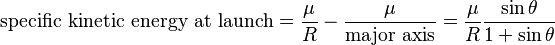 \text{specific kinetic energy at launch}=\frac\mu R-\frac\mu\text{major axis}=\frac\mu R\frac{\sin\theta}{1+\sin\theta}