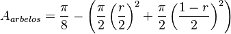 A_{arbelos}=\frac{\pi}{8}-\left(\frac{\pi}{2}\left(\frac{r}{2}\right)^2+\frac{\pi}{2}\left(\frac{1-r}{2}\right)^2\right)