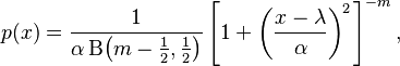 p(x) = \frac{1}{\alpha\,\mathrm{\Beta}\!\left(m-\frac12, \frac12\right)} \left[1 + \left(\frac{x-\lambda}{\alpha}\right)^{\!2\,} \right]^{-m},