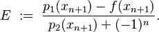 E \ := \ \frac{p_1(x_{n+1}) - f(x_{n+1})}{p_2(x_{n+1}) + (-1)^n}.