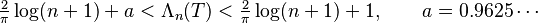  \tfrac{2}{\pi} \log(n+1)+a < \Lambda_n(T) < \tfrac{2}{\pi} \log(n+1) + 1, \qquad a = 0.9625\cdots