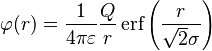  \varphi(r) = { 1 \over 4 \pi \varepsilon } \frac{Q}{r}\,\mbox{erf}\left(\frac{r}{\sqrt{2}\sigma}\right)