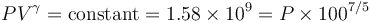  P V^{\gamma} = \operatorname{constant} = 1.58 \times 10^9 = P \times 100^{7/5} 