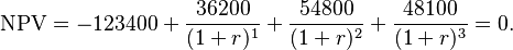 \mathrm{NPV} = -123400+\frac{36200}{(1+r)^1} + \frac{54800}{(1+r)^2} + \frac{48100}{(1+r)^3} = 0.