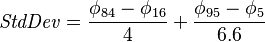 \mathit{StdDev} = \frac{ \phi_{ 84 } - \phi_{ 16 } }{ 4 } + \frac{ \phi_{ 95 } - \phi_{ 5 } }{ 6.6 } 