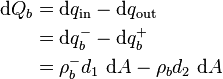 
\begin{align}
\mathrm d Q_b & = \mathrm d q_{\mathrm{in}} - \mathrm d q_{\mathrm{out}} \\
& = \mathrm d q_b^- - \mathrm d q_b^+ \\
& = \rho_b^- d_1\  \mathrm d A - \rho_b d_2\  \mathrm d A
\end{align}
