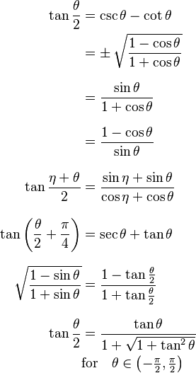 \begin{align} \tan \frac{\theta}{2} &= \csc \theta - \cot \theta \\ &= \pm\, \sqrt\frac{1 - \cos \theta}{1 + \cos \theta} \\[8pt] &= \frac{\sin \theta}{1 + \cos \theta} \\[8pt] &= \frac{1-\cos \theta}{\sin \theta} \\[10pt]
\tan\frac{\eta+\theta}{2} & = \frac{\sin\eta+\sin\theta}{\cos\eta+\cos\theta} \\[8pt]
\tan\left(\frac{\theta}{2} + \frac{\pi}{4}\right) & = \sec\theta + \tan\theta \\[8pt]
\sqrt{\frac{1 - \sin\theta}{1 + \sin\theta}} & = \frac{1 - \tan\frac{\theta}{2}}{1 + \tan\frac{\theta}{2}} \\[8pt]
\tan\frac{\theta}{2} & = \frac{\tan\theta}{1 + \sqrt{1+\tan^2\theta}} \\ &\mbox{for}\quad \theta \in \left(-\tfrac{\pi}{2},\tfrac{\pi}{2} \right)
\end{align}