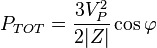 P_{TOT}=\frac{3V_P^2}{2|Z|}\cos\varphi