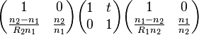 \begin{pmatrix} 1 & 0 \\ \frac{n_2-n_1}{R_2n_1} & \frac{n_2}{n_1} \end{pmatrix} \begin{pmatrix} 1 & t \\ 0 & 1 \end{pmatrix} \begin{pmatrix} 1 & 0 \\ \frac{n_1-n_2}{R_1n_2} & \frac{n_1}{n_2} \end{pmatrix}