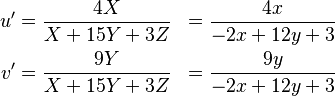 \begin{align}
u^\prime &= \frac{4 X}{X + 15 Y + 3 Z} &= \frac{4 x}{-2 x + 12 y + 3} \\
v^\prime &= \frac{9 Y}{X + 15 Y + 3 Z} &= \frac{9 y}{-2 x + 12 y + 3}
\end{align}