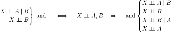 
\left.\begin{align}
  X \perp\!\!\!\perp A \mid B \\
  X \perp\!\!\!\perp B
\end{align}\right\}\text{ and }
\quad \iff \quad
X \perp\!\!\!\perp A,B
\quad \Rightarrow \quad
\text{ and }
\begin{cases}
  X \perp\!\!\!\perp A \mid B \\
  X \perp\!\!\!\perp B \\
  X \perp\!\!\!\perp B \mid A \\
  X \perp\!\!\!\perp A \\
\end{cases}
