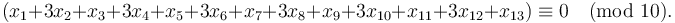 (x_1 + 3x_2 + x_3 + 3x_4 + x_5 + 3x_6 + x_7 + 3x_8 + x_9 + 3x_{10} + x_{11} + 3x_{12} + x_{13} ) \equiv 0 \pmod{10}.