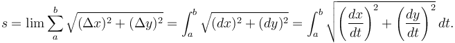 s = \lim \sum_a^b \sqrt { (\Delta x)^2 + (\Delta y)^2 } = \int_{a}^{b} \sqrt { (dx)^2 + (dy)^2 } = \int_{a}^{b} \sqrt { \left(\frac{dx}{dt}\right)^2 + \left(\frac{dy}{dt}\right)^2 }\,dt. 