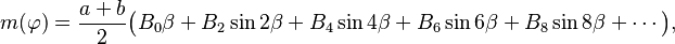 
m(\varphi)=\frac{a+b}2\bigl(B_0\beta+B_2\sin 2\beta+B_4\sin4\beta+B_6\sin6\beta+B_8\sin8\beta+\cdots\bigr),
