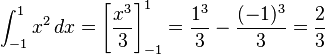 \int_{-1}^1 x^2\,dx = \left[\frac{x^3}{3}\right]_{-1}^1= \frac{1^3}{3} - \frac{(-1)^3}{3}=\frac{2}{3}