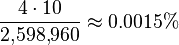 \frac {4\cdot 10}{2{,}598{,}960} \approx 0.0015\%