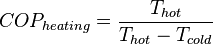  COP_{heating}=\frac{T_{hot}}{T_{hot}-T_{cold}} 