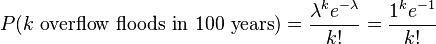  P(k \text{ overflow floods in 100 years}) = \frac{\lambda^k e^{-\lambda}}{k!} = \frac{1^k e^{-1}}{k!}