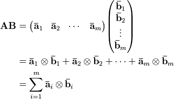 \begin{align}
\mathbf{AB} &=\begin{pmatrix} \mathbf{\bar a}_1 & \mathbf{\bar a}_2 & \cdots & \mathbf{\bar a}_m \end{pmatrix}\begin{pmatrix} \mathbf{\bar b}_1 \\ \mathbf{\bar b}_2 \\ \vdots \\ \mathbf{\bar b}_m \end{pmatrix}\\
&=\mathbf{\bar a}_1 \otimes \mathbf{\bar b}_1 + \mathbf{\bar a}_2 \otimes \mathbf{\bar b}_2 + \cdots + \mathbf{\bar a}_m \otimes \mathbf{\bar b}_m\\
&=\sum_{i=1}^m \mathbf{\bar a}_i \otimes \mathbf{\bar b}_i
\end{align}