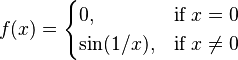 f(x) = \begin{cases} 0, & \mbox{if }x =0 \\ \sin(1/x), & \mbox{if } x \neq 0 \end{cases} 