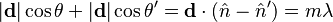 |\mathbf{d}|\cos{\theta} + |\mathbf{d}|\cos{\theta^\prime} = \mathbf{d} \cdot (\hat{n} - \hat{n}^\prime) = m\lambda