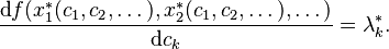 \frac{\text{d} f(x_1^*(c_1, c_2, \dots), x_2^*(c_1, c_2, \dots), \dots)}{\text{d} c_k} = \lambda_k^*.