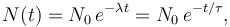 N(t) = N_0\,e^{-{\lambda}t} = N_0\,e^{-t/ \tau}, \,\!