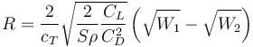 R=\frac{2}{c_T} \sqrt{\frac{2}{S \rho} \frac{C_L}{C_D^2}} \left(\sqrt{W_1}-\sqrt{W_2} \right)