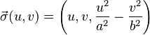 \vec \sigma (u,v) = \left(u, v, \frac{u^2}{a^2} - \frac{v^2}{b^2}\right) 